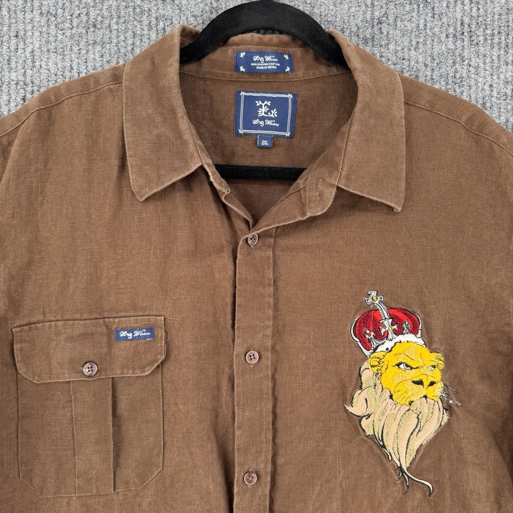 Vintage Y2K LRG Woven Roots & Equipment linen shirt mens 2XL brown short sleeve